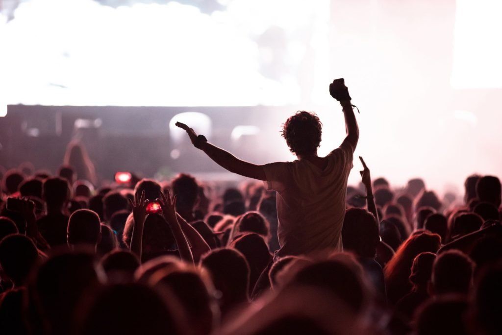 Rock concert, silhouette of people raising up hands